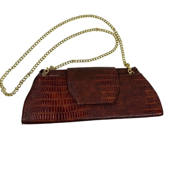 Big Buddha Reddish Brown Faux Crocodile Leather Crossbody Clutch - Picture 1 of 10